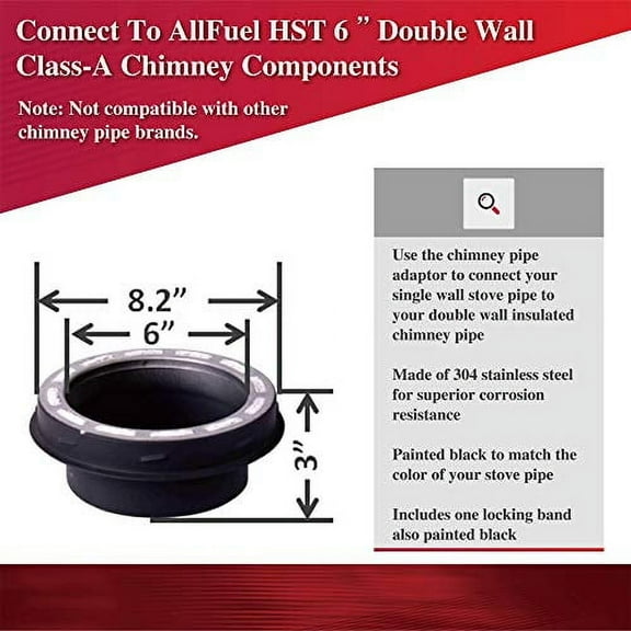 Stove Pipe Adaptor for 6" Diameter 304 Stainless Steel All Fuel Class-A Double Wall Insulated Chimney Pipe