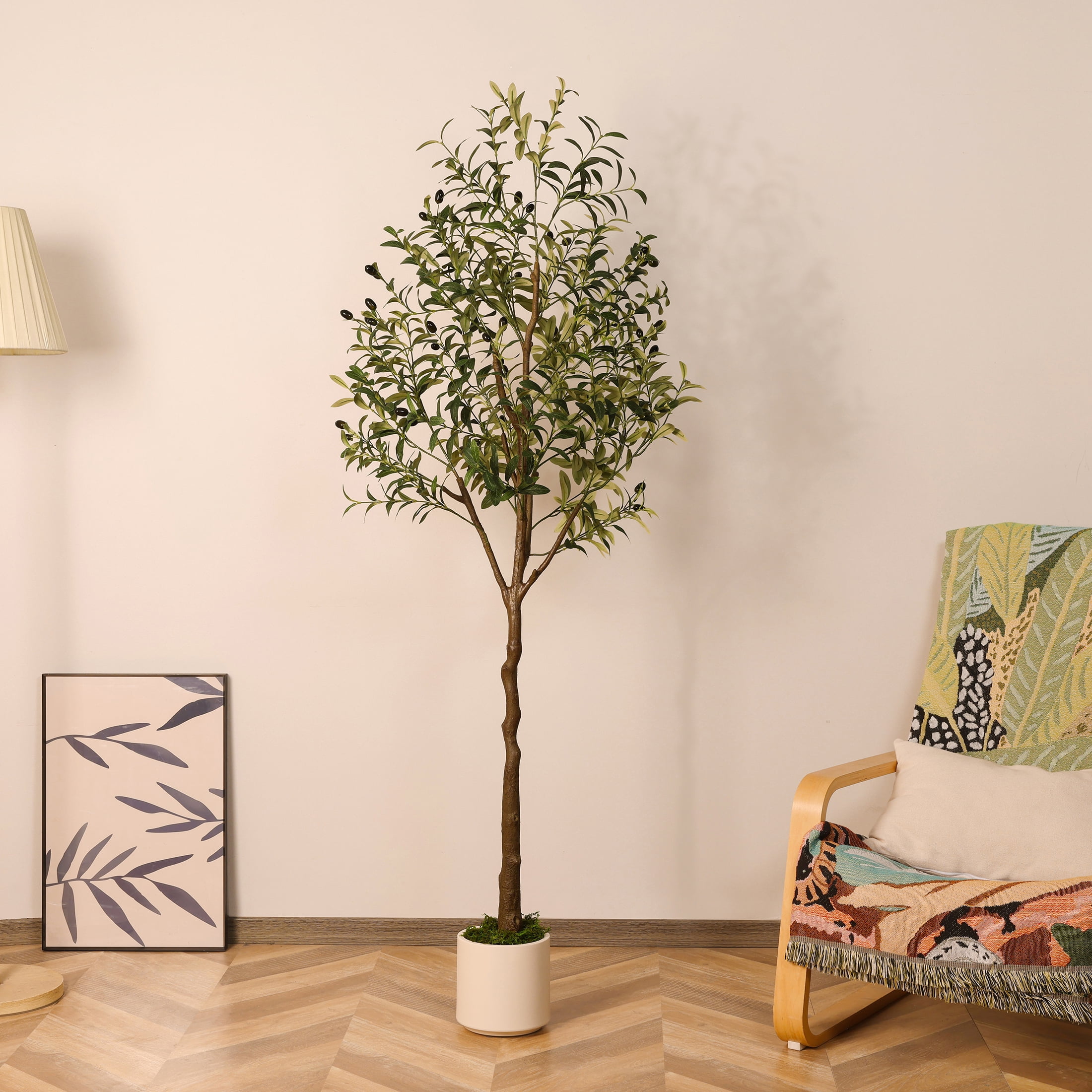 Artificial Olive Trees, 7 ft Tall Fake Olive Trees for Indoor, Faux Olive Silk Tree, Large Olive Plants with White Planter for Home Decor and Housewarming Gift, 1 Pack