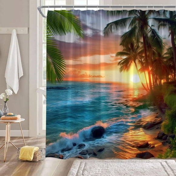 Rideau de Douche Coucher de Soleil Océan Palmier Tropical Vagues de Mer Coucher de Soleil Lever de Soleil Bleu Orange Hawaï Paysage Naturel Paysage Tissu Déco de Salle de Bain Rideau avec Crochets en Plastique