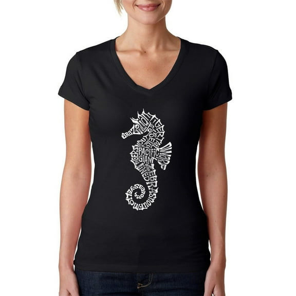 LA Pop Art Women's Word Art V-Neck T-Shirt - Types of Seahorse