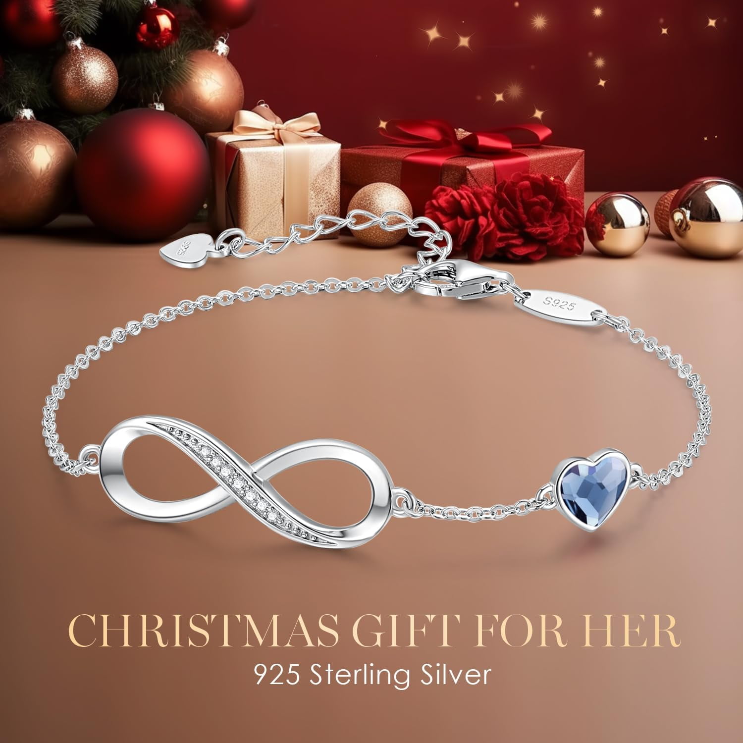 Leander Infinity Heart Birthstone Charm Link Bracelet for Women 925 Sterling Silver Adjustable Mother's Day Gift Anniversary Birthday Jewelry for Wife Girlfriend Her