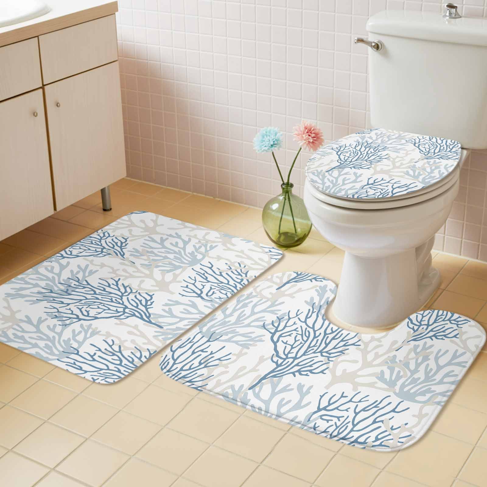 Blue Grey Coral Coastal Bath Mat 3 Piece Bathroom Rug Set, Summer Beach Seaside Nautical Non Slip Bath Rug Contour Mat and Toilet Lid Cover, Absorbent Shower Mats Soft Bath Rugs and Mats Sets