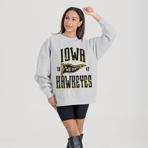 Women's Gameday Couture Ash Iowa Hawkeyes Oversized Pennant Pride Premium Fleece Sweatshirt