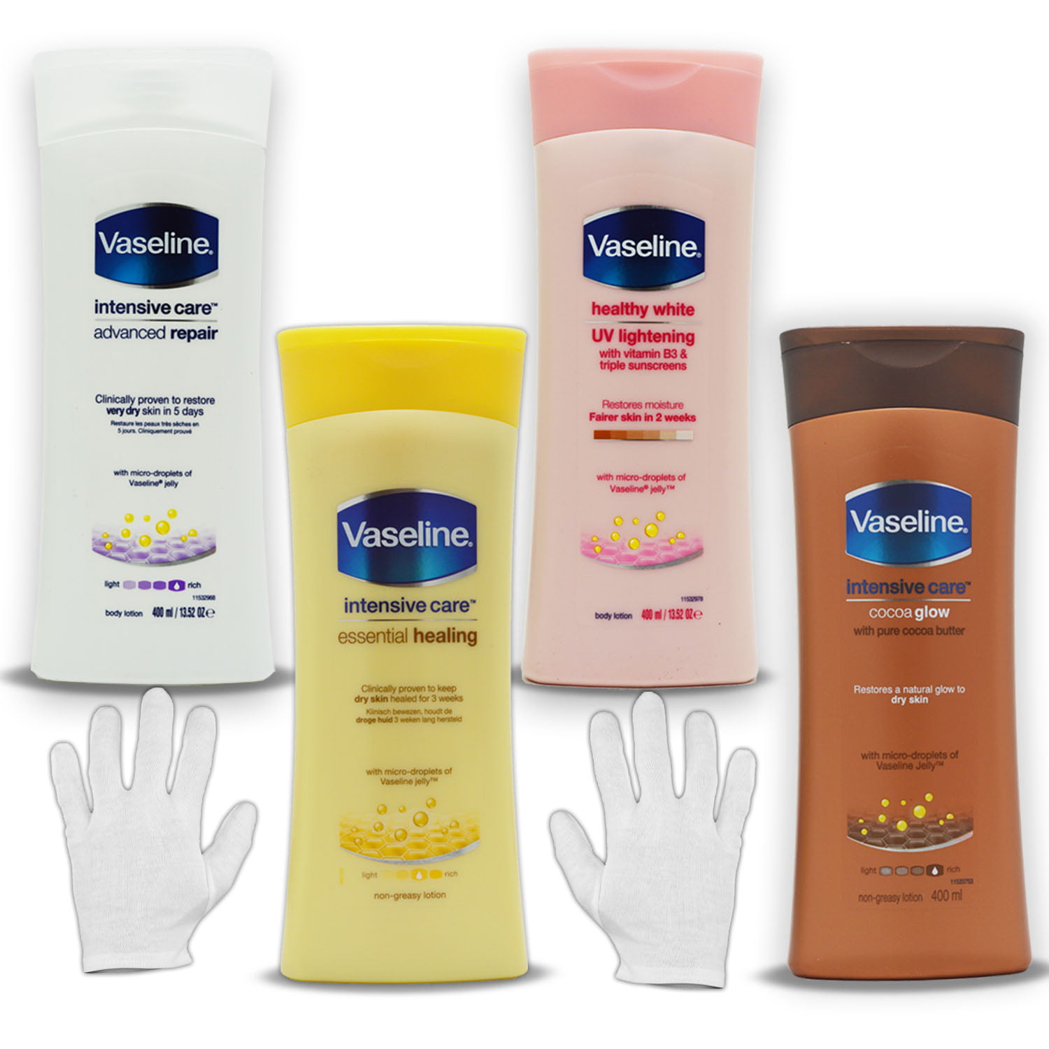 Vaseline Variety Pack Kit: Intensive Care Advanced Repair Hand And Lotion + Essential Healing + Vaseline Healthy White + Cocoa Glow. Moisturizing Gloves Compatible with Vaseline. - Walmart.com