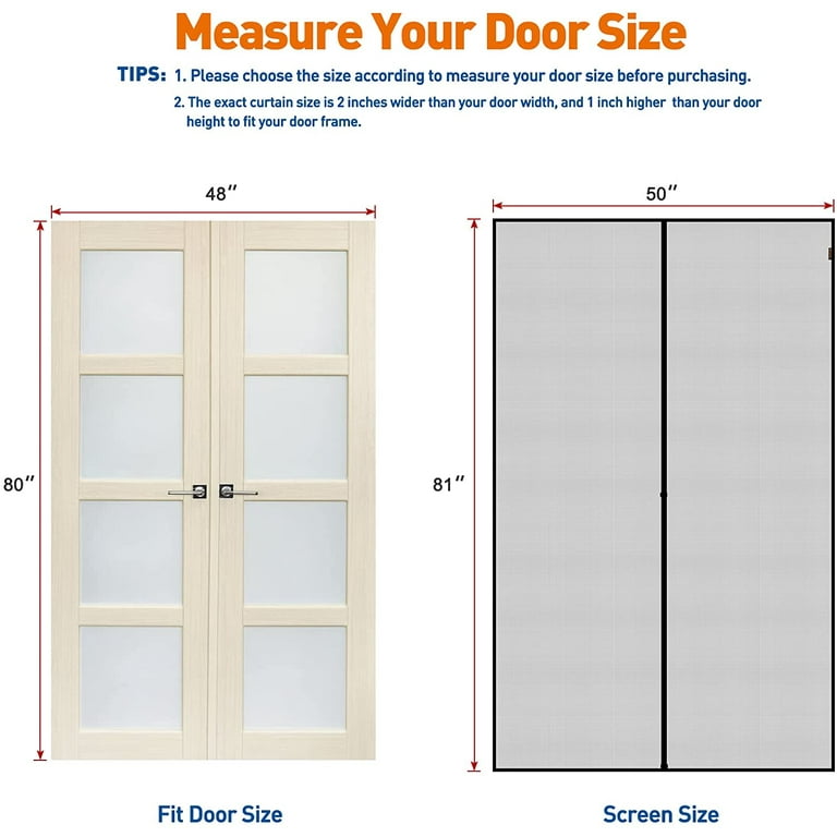 Magnetic Screen Door Fit Door Size 48 x 80 Inch, Screen Size 50 x 81  Reinforced Fiberglass Mesh Curtain Double Door Mesh with Full Frame  Hook&Loop 