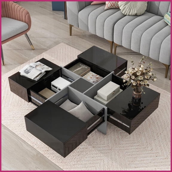 4-Way Extendable Square Coffee Table with 4 Hidden Compartments for Living Room, Space-Saving & Stylish