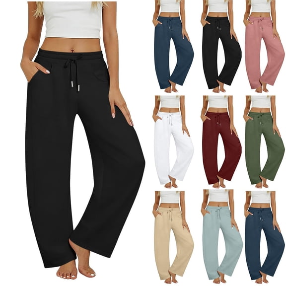 Straight Leg Sweat Pants for Womens High Waisted Baggy Sweatpants Casual Drawstring Workout Pants with Pockets White