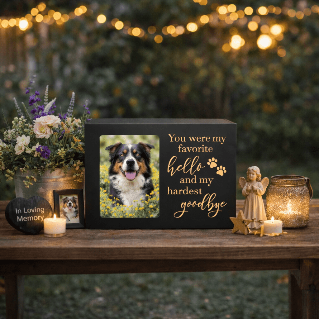 Pet Memorial Urn, Large Wooden Cremation Urn with Photo Frame, Keepsake Memory Box for Dog and Cat Ashes, Black Flannel Lining