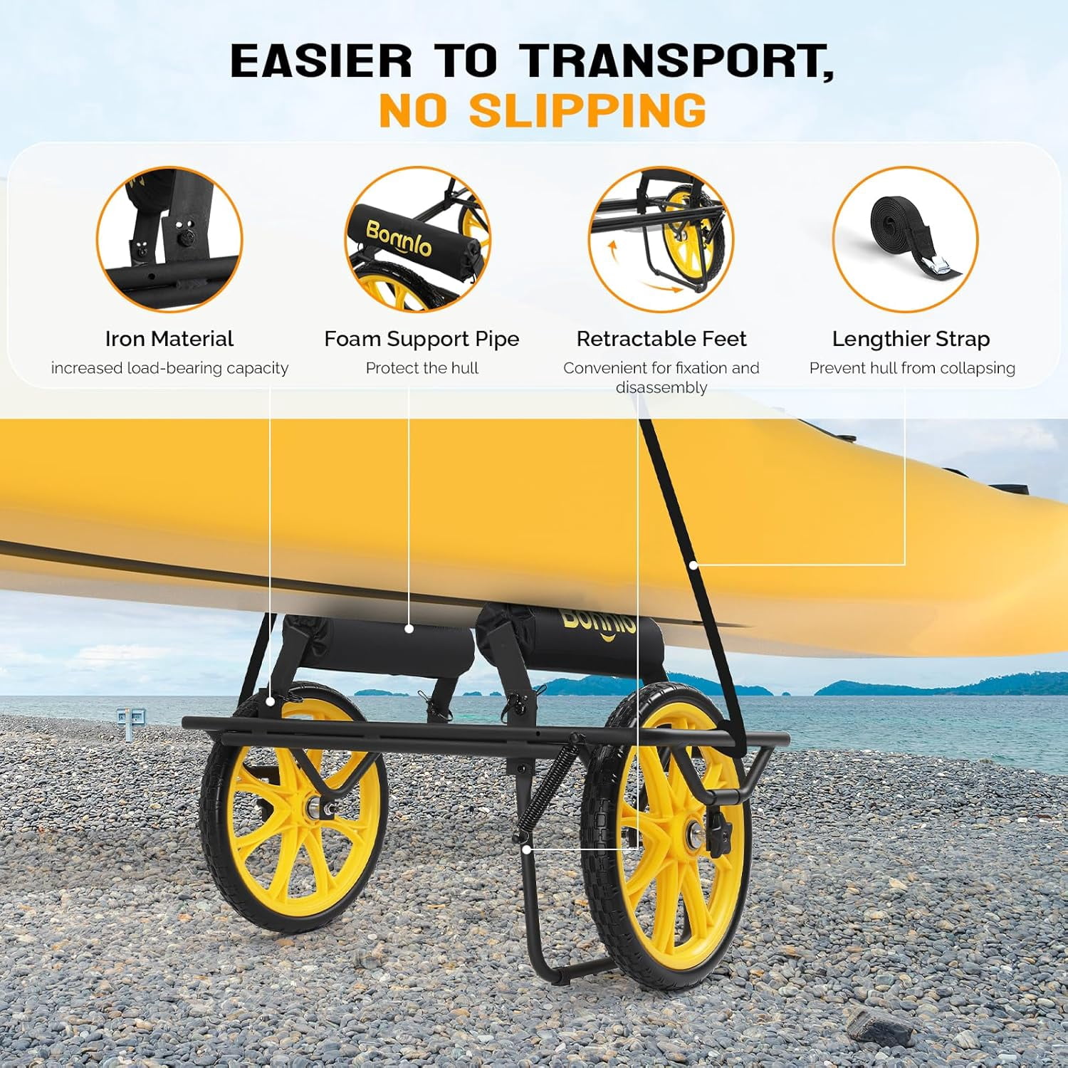 WBTER Canoe Kayak Cart, All-Terrain Trolley Carrier with 15" Large Solid Wheels, 330lbs Heavy Duty Transport Kayak Trolley, Adjustable 4 Postions (8.66"-19.69") to Fit Small Boats