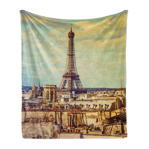 Eiffel Tower Soft Flannel Fleece Throw Blanket, Eiffel Tower Historic Vintage Cityscape Famous Monument Urban Art, Cozy Plush for Indoor and Outdoor Use, 60" x 80", Almond Green Yellow, by Ambesonne