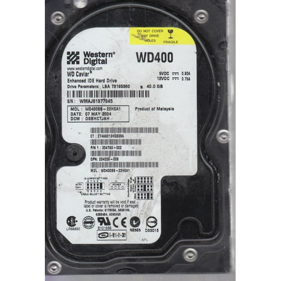 WD400BB-22HEA1, DCM DSBHCTJAH, Western Digital 40GB IDE 3.5 Hard Drive