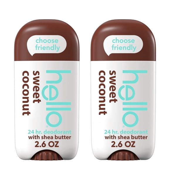 hello Sweet Coconut Deodorant With Shea Butter for Women + Men, Aluminum Free, Baking Soda Free, Parabens Free, 24 Hour Odor Protection, 2.6 Ounce, 2 Pack