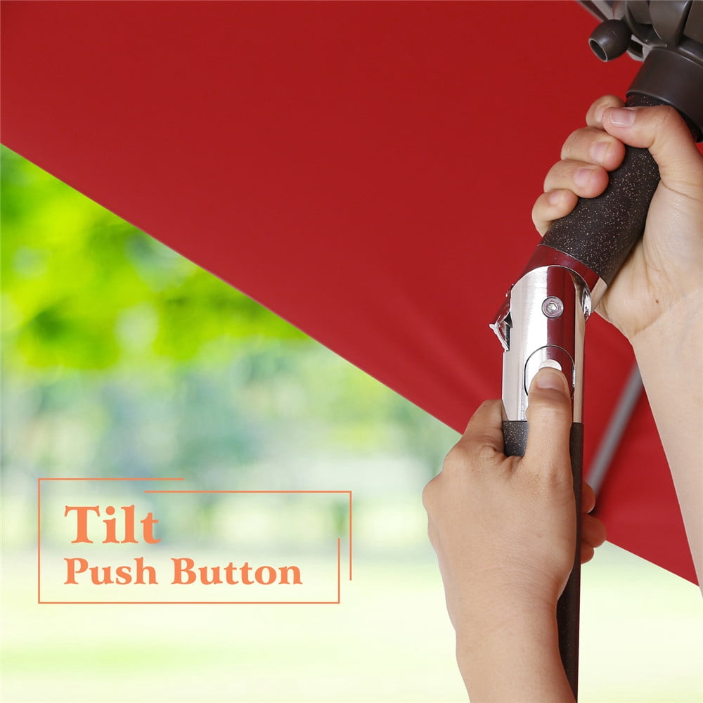 Superjoe 6.5×10ft LED Solar Lighted Patio Umbrella 6 Ribs Market Fade-Resistant Umbrella with Push Button Tilt & Crank, Red