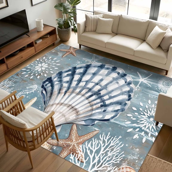 6x9 Area Rugs Blue Shell Coastal Non-Skid Rubber Backing Large Rectangle Rugs - Living Room Bedroom Home Office, Summer Beach Nautical Starfish Coral Indoor Floor Mat Carpets Washable Rug