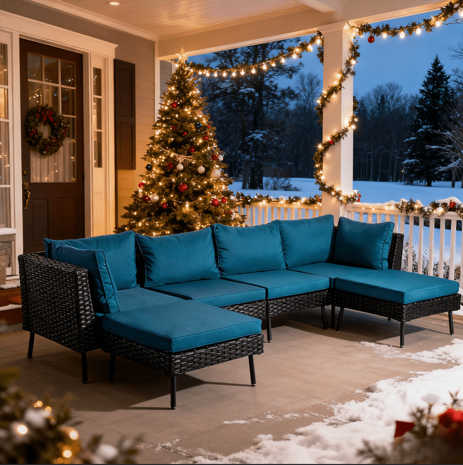 Ktaxon 6 Pieces  Modular Patio Sectional Set, All-Weather Wicker with Removable Cushions & Ottomans, Black Rattan Peacock Green