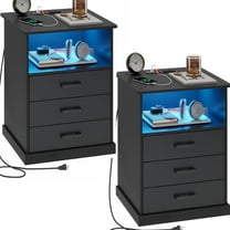 Set of 2 Black Nightstand with Charging Station & LED Lights, Modern End Side Table Storage Cabinet with 2 Drawers, Bedside Table for Bedroom Living Room