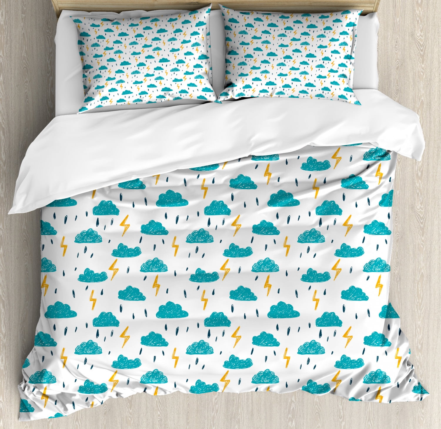 Winter King Size Duvet Cover Set Hand Drawn Style Blue Clouds And