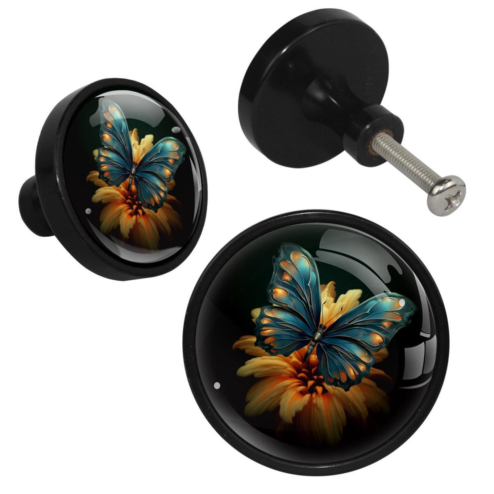 HemaKayy 4 Pack 1.3" Decorative Cabinet Knobs - Unique Design for Home Kitchen Bedroom Furniture Decor - Durable ABS Cabochon Glass Materials - Easy Installation - Turquoise Blue Butterfly Lily Flower