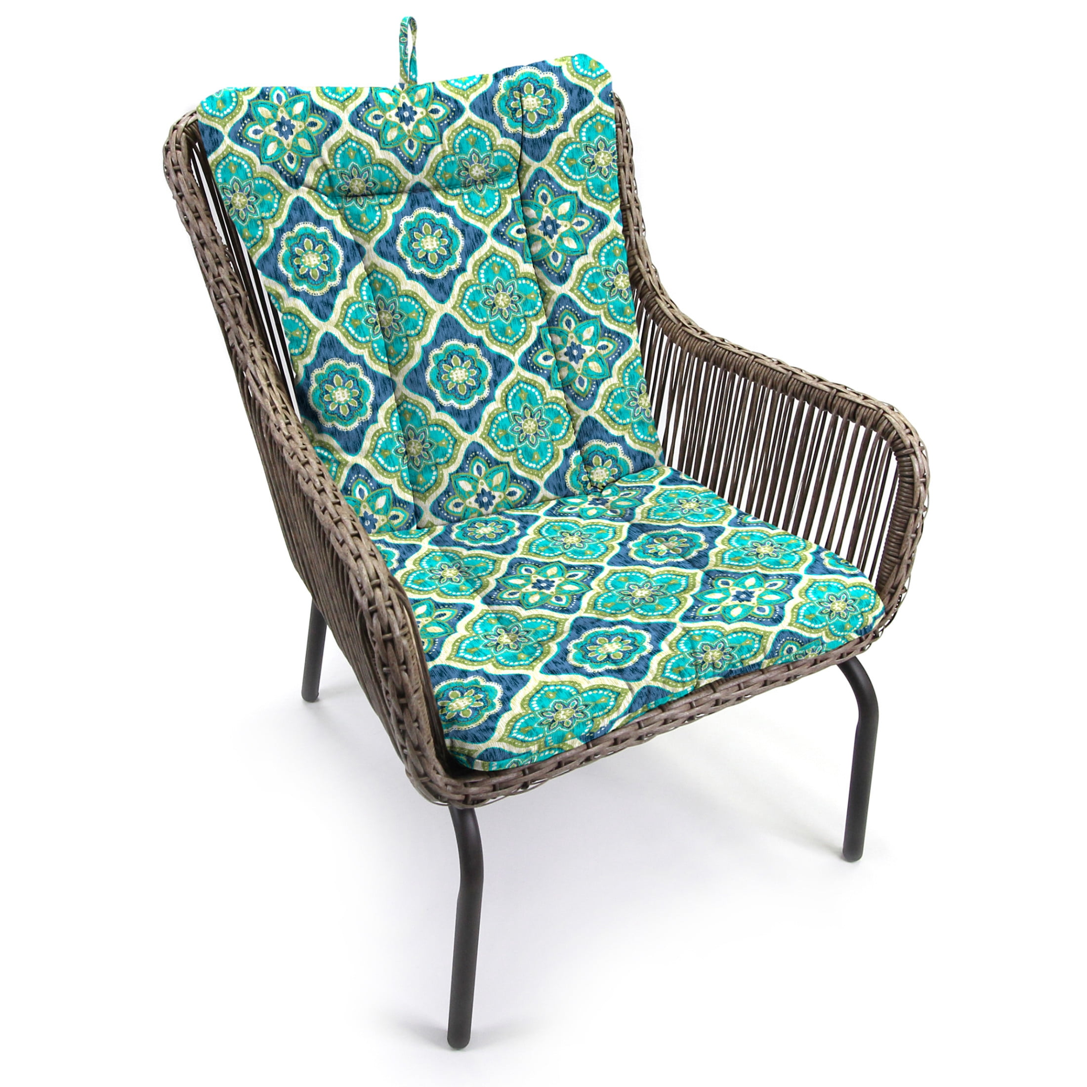 Jordan Manufacturing 38" x 21" Adonis Capri Teal Medallion Rectangular Outdoor Wrought Iron Chair Cushion with Ties and Hanger Loop