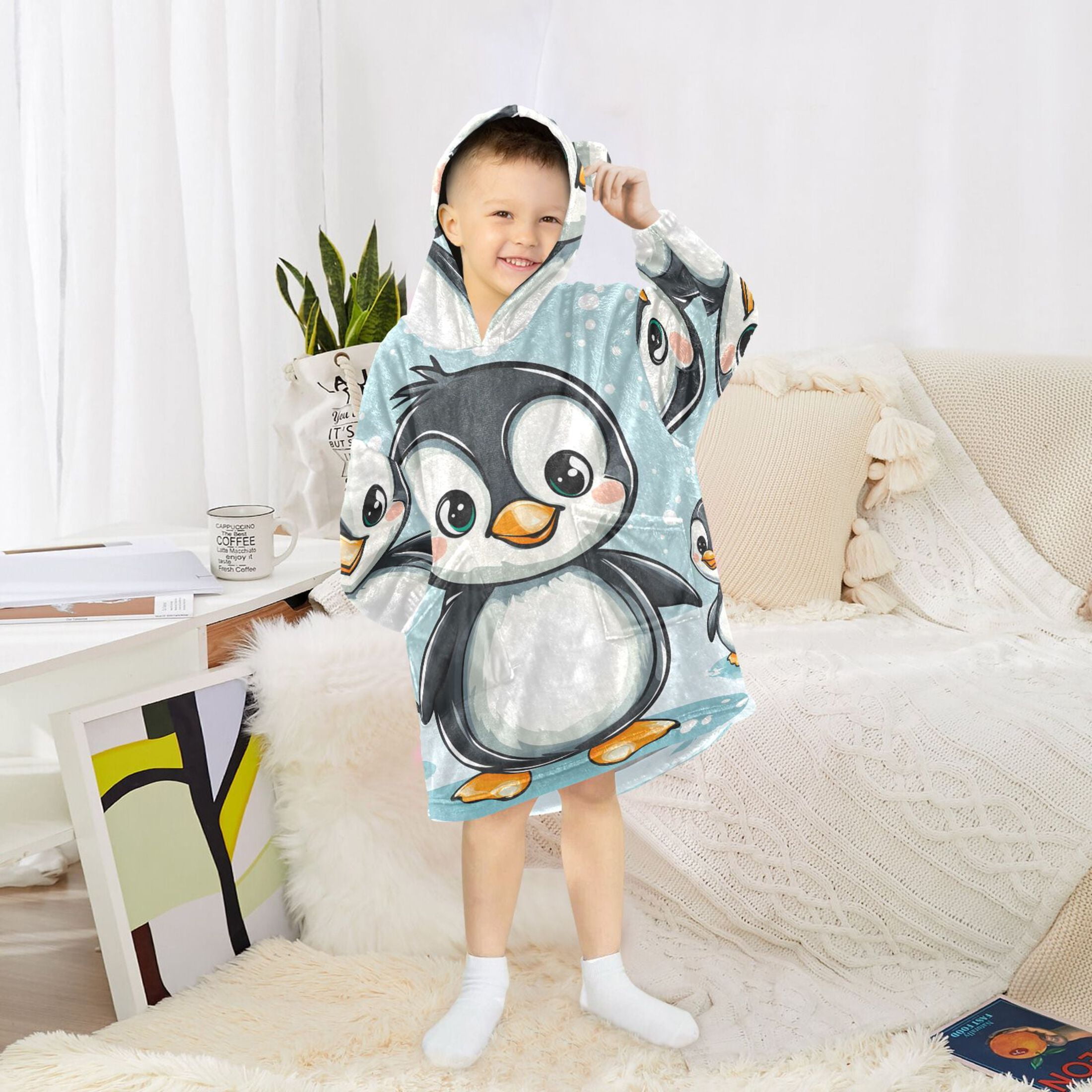 joogoo Wearable Blanket Hoodie for Kids Penguins and Snow Flannel Oversized Sweatshirt 3-14 Years M