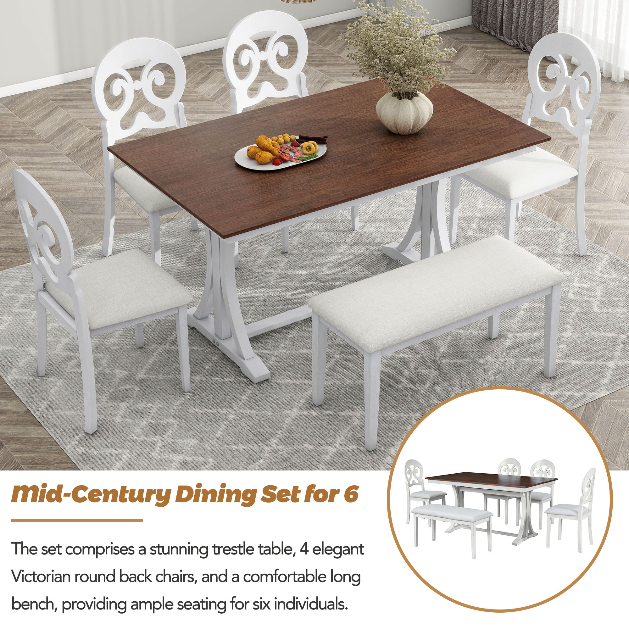Atumon Dining Table Set for 6, Dining Room Set with Bench and 4 Beige Cushioned Chairs, 6 Piece Wooden Dining Table Set, Farmhouse Dining Table Set Furniture for Kitchen Dining Room, Brown Tabletop