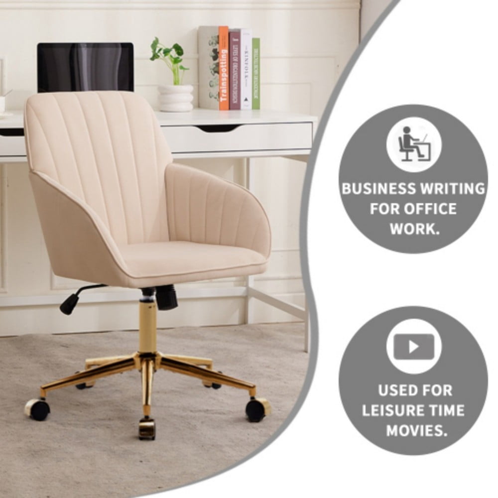 Ergonomic Office Chair, Upholstered Swivel Desk Chair with Memory Foam Cushion, Adjustable Backrest, Golden Metal Base for Home Office & Bedroom, Khaki