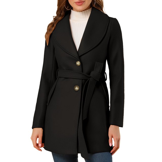 Abrigo de Invierno Allegra K Midi con Cinturón y un solo Pecho para Mujer Negro XS