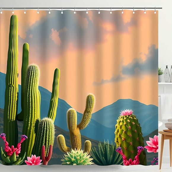 Vibrant Desert Sunset Shower Curtain with Saguaro Cacti & Colorful Flowers Perfect Bathroom Decor