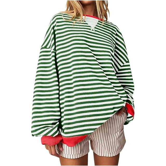 GigrtiJin Chandail en Molleton Oversize à Rayures pour Femmes Manches Longues Col Rond Tops à Blocs de Couleur Chandail Décontracté Tendance Blouses