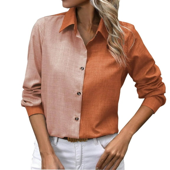 Kaemgyyd Womens Button down Shirt Casual Linen Button up Blouse Long Sleeve Color Block Work Office Collared Tops Tunics