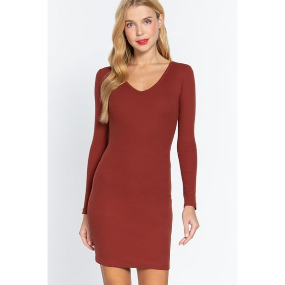 Long Slv V-neck Mini Rib Dress S