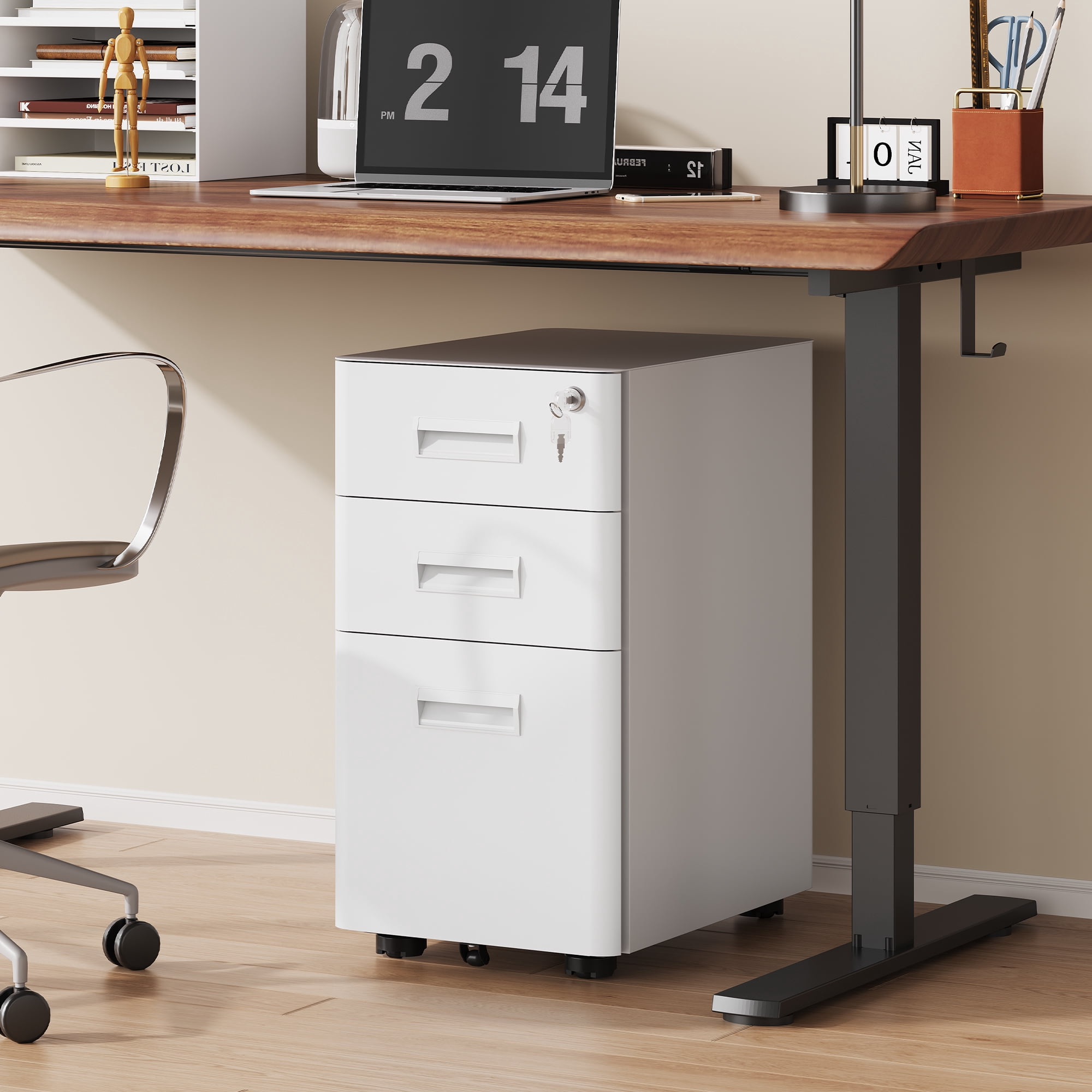 GALAXHERO 3 Drawer Metal File Cabinet with Lock, Mobile Filing Cabinet on Wheels for Home Office, Fully Assembled, Rounded Corners, Fit Legal/Letter/A4 Size, White