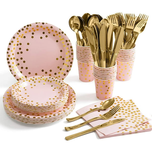 Fournitures de fête rose et or – Ensemble de vaisselle jetable sert 25  points dorés sur des assiettes en papier rose, des tasses et des  serviettes, des couteaux en plastique doré, des