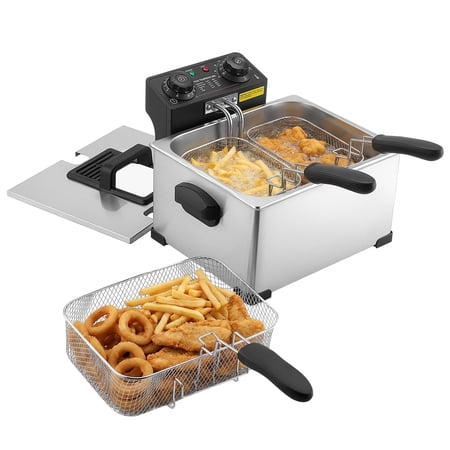 VEVOR Commercial Electric Deep Fryer, 9.51 Qt, 1700W Stainless Steel Countertop Fryer with Large & Small Baskets, Overheat Protection, Temp Control, Timer, Detachable for Home Restaurant Use, Silver