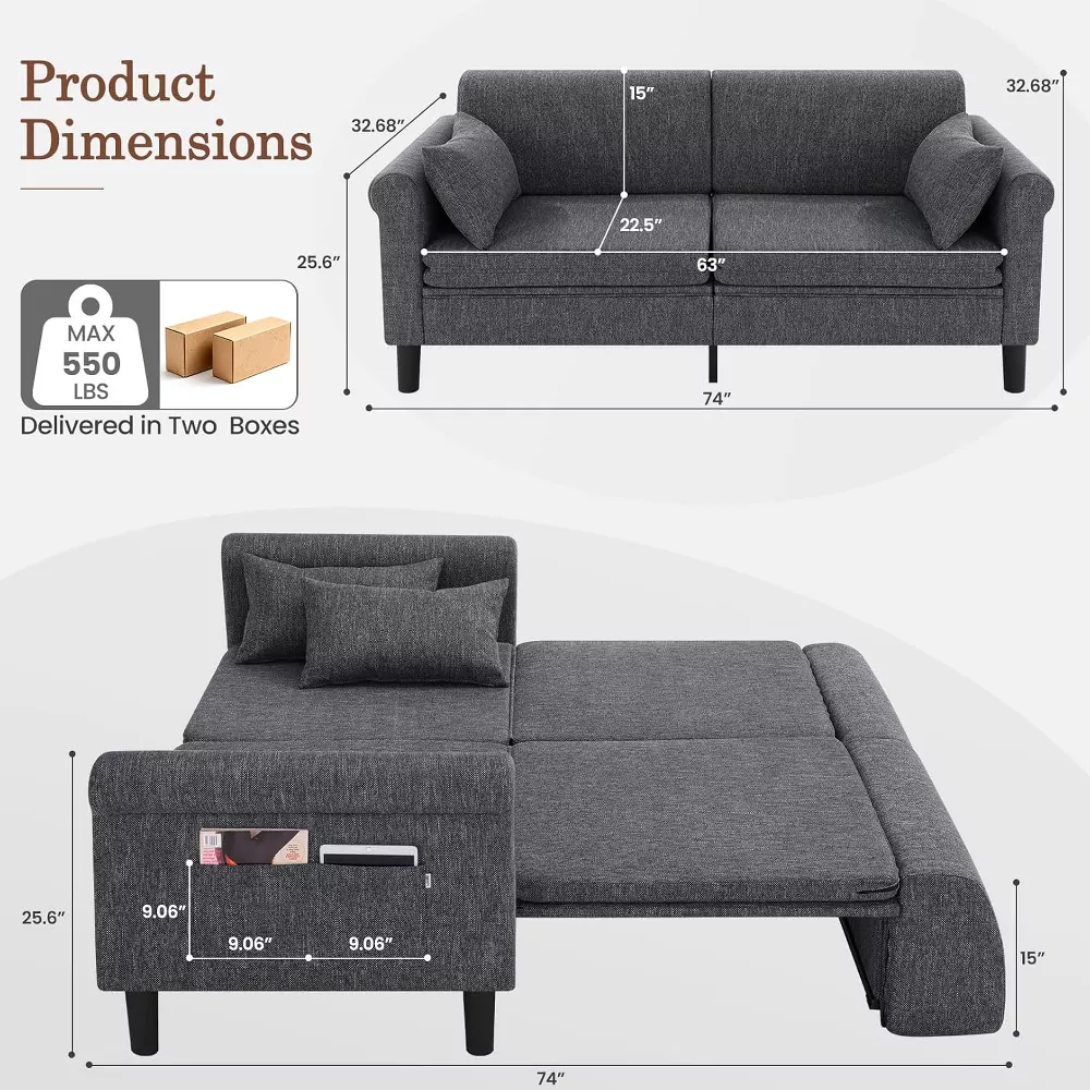 Sailvan 74" 5-in-1 Convertible Sofa Bed, Pull Out Sleeper Couch with Storage & 2 Pillows, Luxury Linen Loveseat for Studios