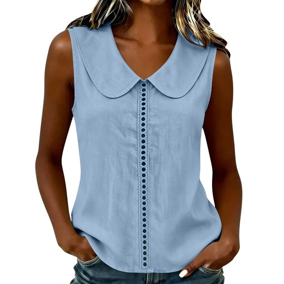 cocolona Womens Summer Linen Tank Tops Sleeveless Lapel Hollow Out Shirts Dressy Casual Solid Color Blouses