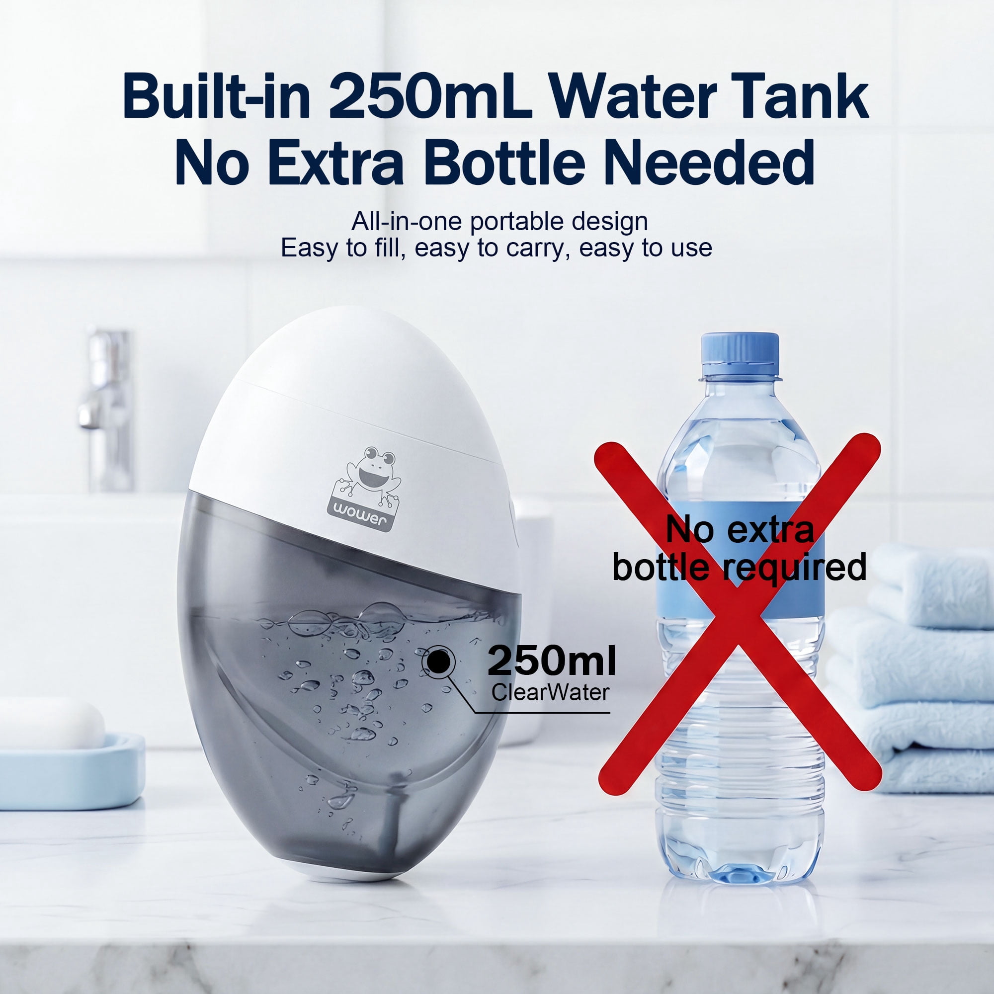 WOWER Rechargeable Electric Portable Bidet for Women, Handheld Travel Bidet Sprayer with 300mL Water Tank, USB Charging, 2 Adjustable Spray Modes