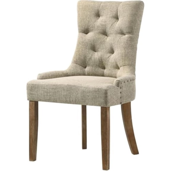 Casafoyer Yotam Fabric Tufted Nail-Head Trim Side Chair in Beige and Salvaged Oak