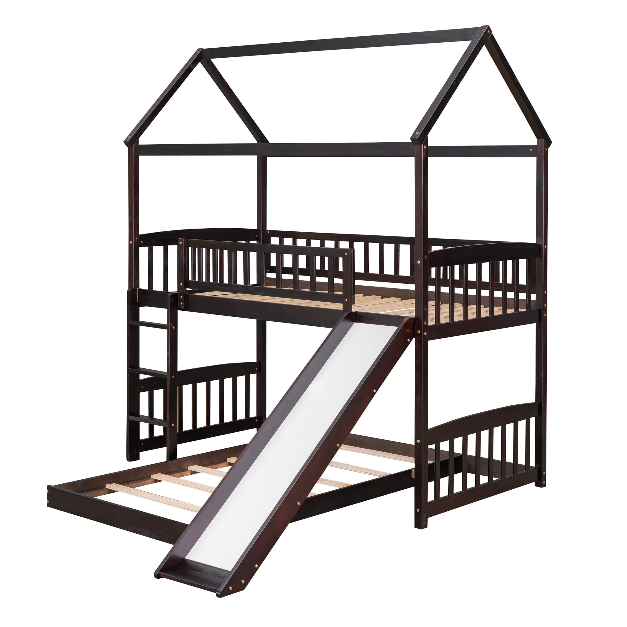 Aukfa Twin over Twin Bunk Bed with Slide, L-Shaped House Bunk Bed for Kids, Boys and Girls, Wooden - Espresso