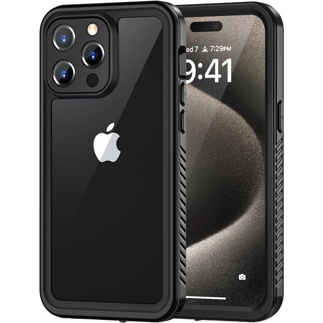 KOMI iPhone 15 Pro Max Case, IP68 Waterproof Dustproof Case with Built-in Screen Protector, Full Body Heavy Duty Shockproof Rugged Phone Cover for iPhone 15 Pro Max - 6.7", Black/Clear