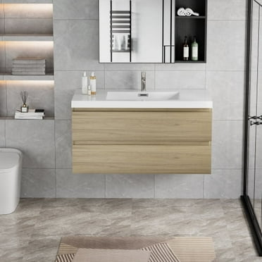 42" Floating Bathroom Vanity with Sink, Modern Wall-Mounted Bathroom Storage Vanity Cabinet with Resin Top Basin and Soft Close Drawers, Natural Oak 24V11-42NO