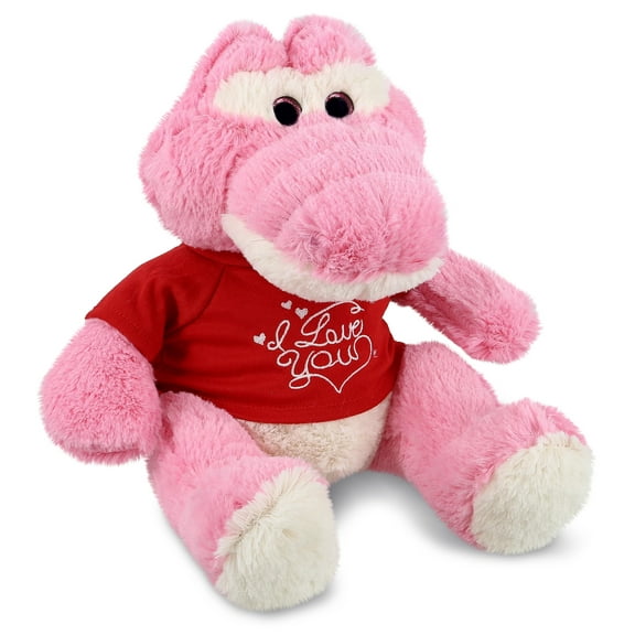 DolliBu I LOVE YOU Plush Sitting Pink Alligator - Cute Stuffed Animal with Red Shirt For Valentine, Anniversary, Romantic Date, Boyfriend, or Girlfriend Gift - 10 Inches