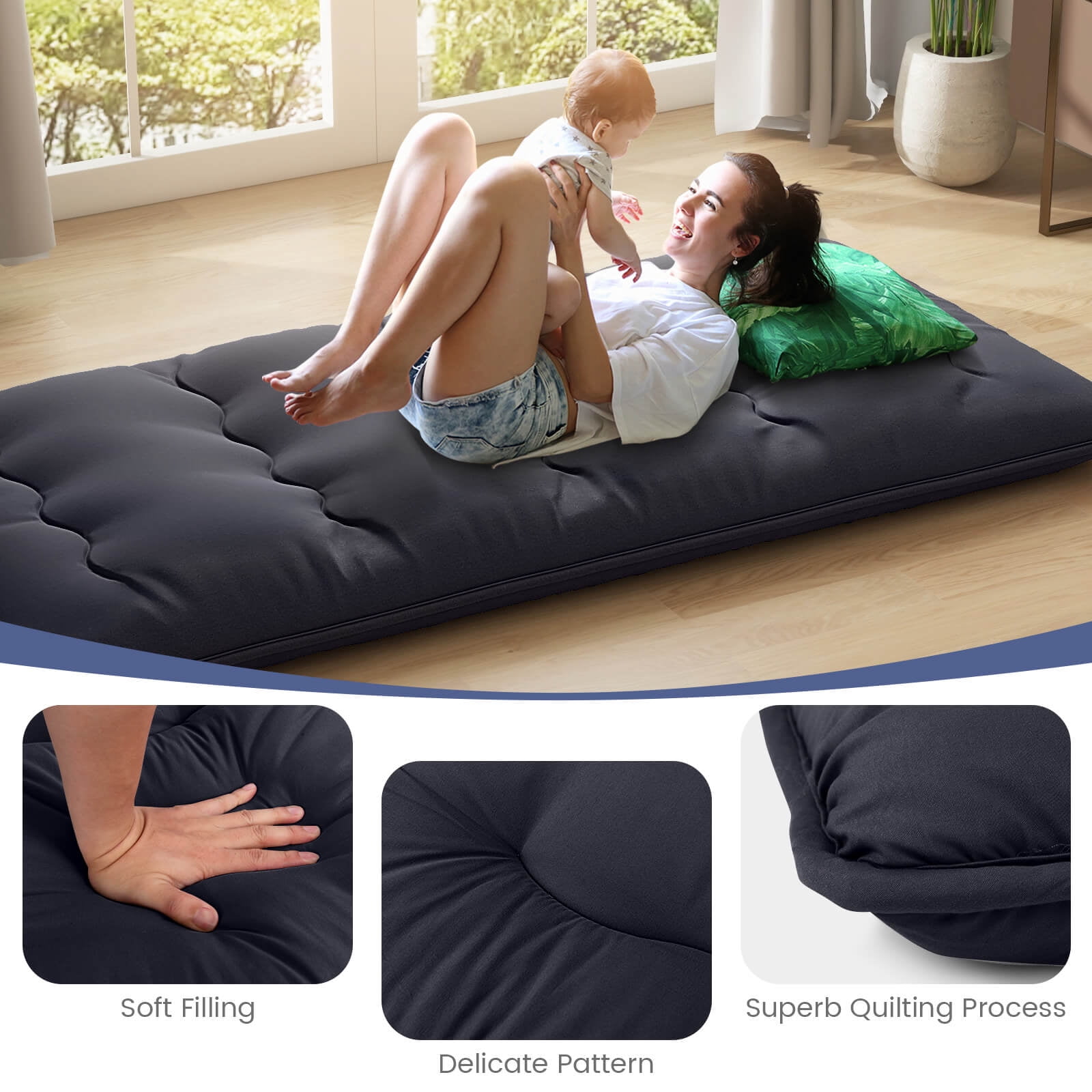 Costway Twin Futon Mattress Japanese Floor Sleeping Pad Washable Cover Carry Bag Black