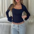 thumbnail image 4 of Yokua Women's Lace-trimmed Square Neck Flared Long Sleeve Cropped Midriff T-Shirt with Lace Trim - Slim Fit for Outings, 4 of 9