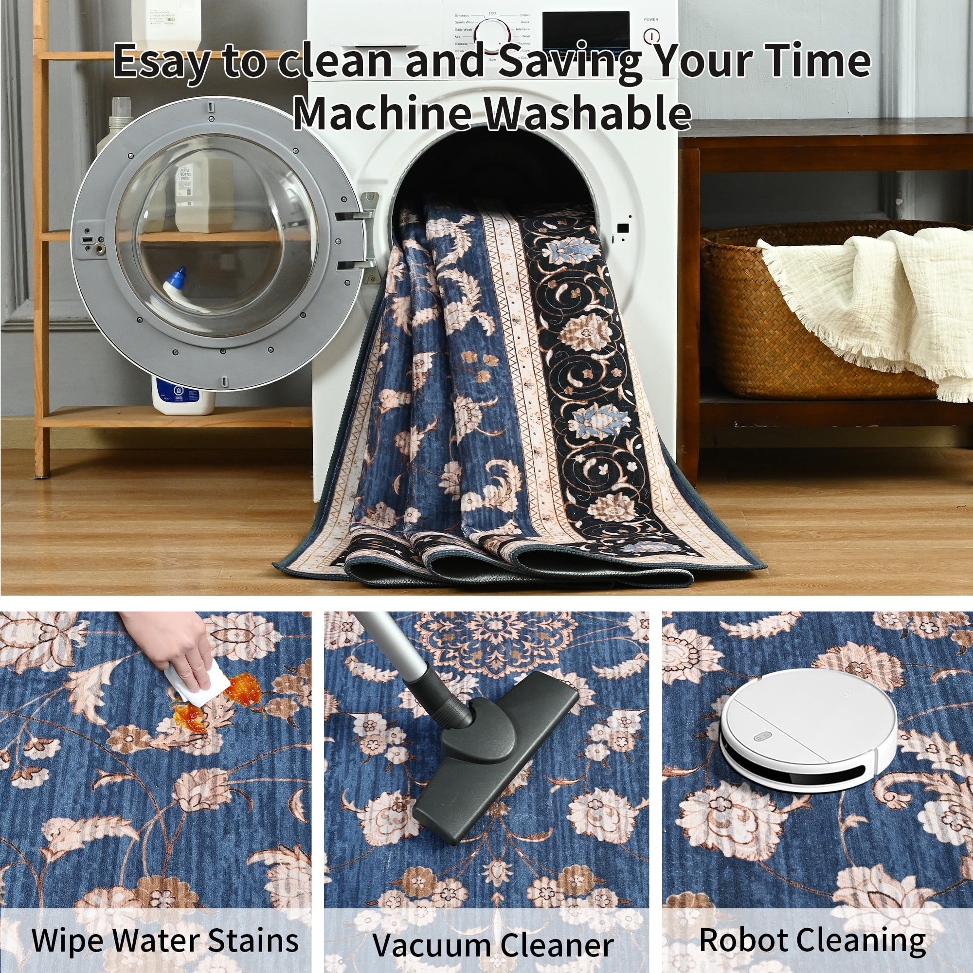 Astorug 5x8 Ft Blue Floral Area Rug - Machine Washable Low Pile Non-Slip Carpet, Boho Vintage Farmhouse Decor for Living Room, Bedroom, Nursery & Office