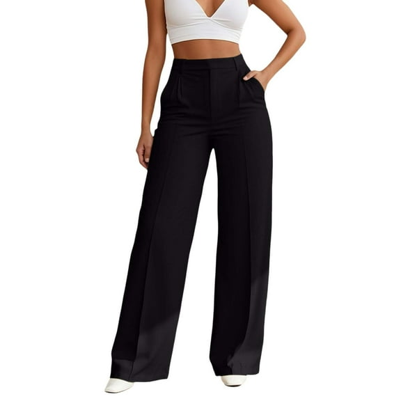 Goindgs Womens Pants Casual Trousers Suit Straight Leg High Waist Solid Color Loose Business Dressy Pants Summer Outfits 2025 Trendy Black-L