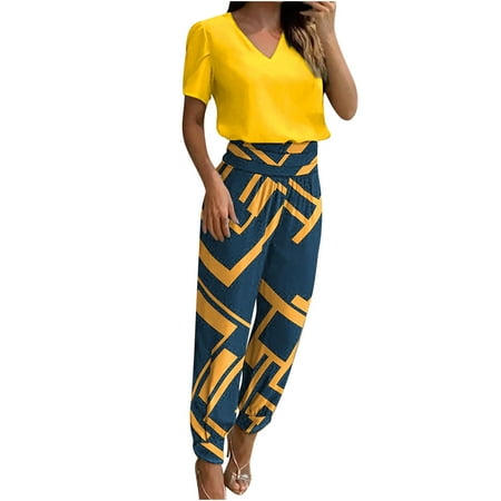 Virmaxy Womens Stylish Outfit 2 Piece Set Fashion Round Neck Printed Short Sleeve Top + Loose Pocket Trousers Set Yellow Xs