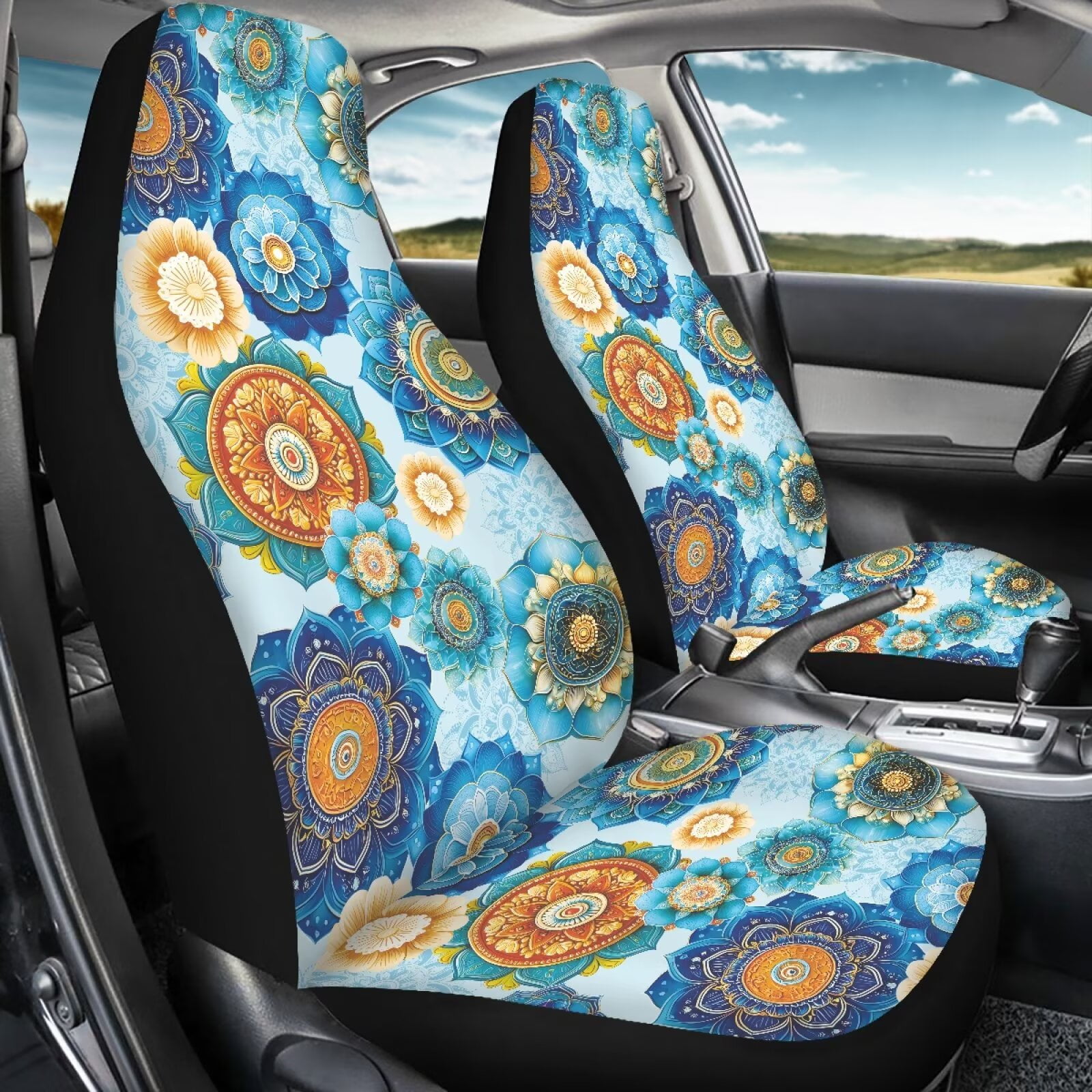 Binienty Boho Car Seat Covers for Women Girly Mandala Floral Front Seat Covers Soft Automotive Interior Protector Accessories Fit for Car SUV Sedan Truck