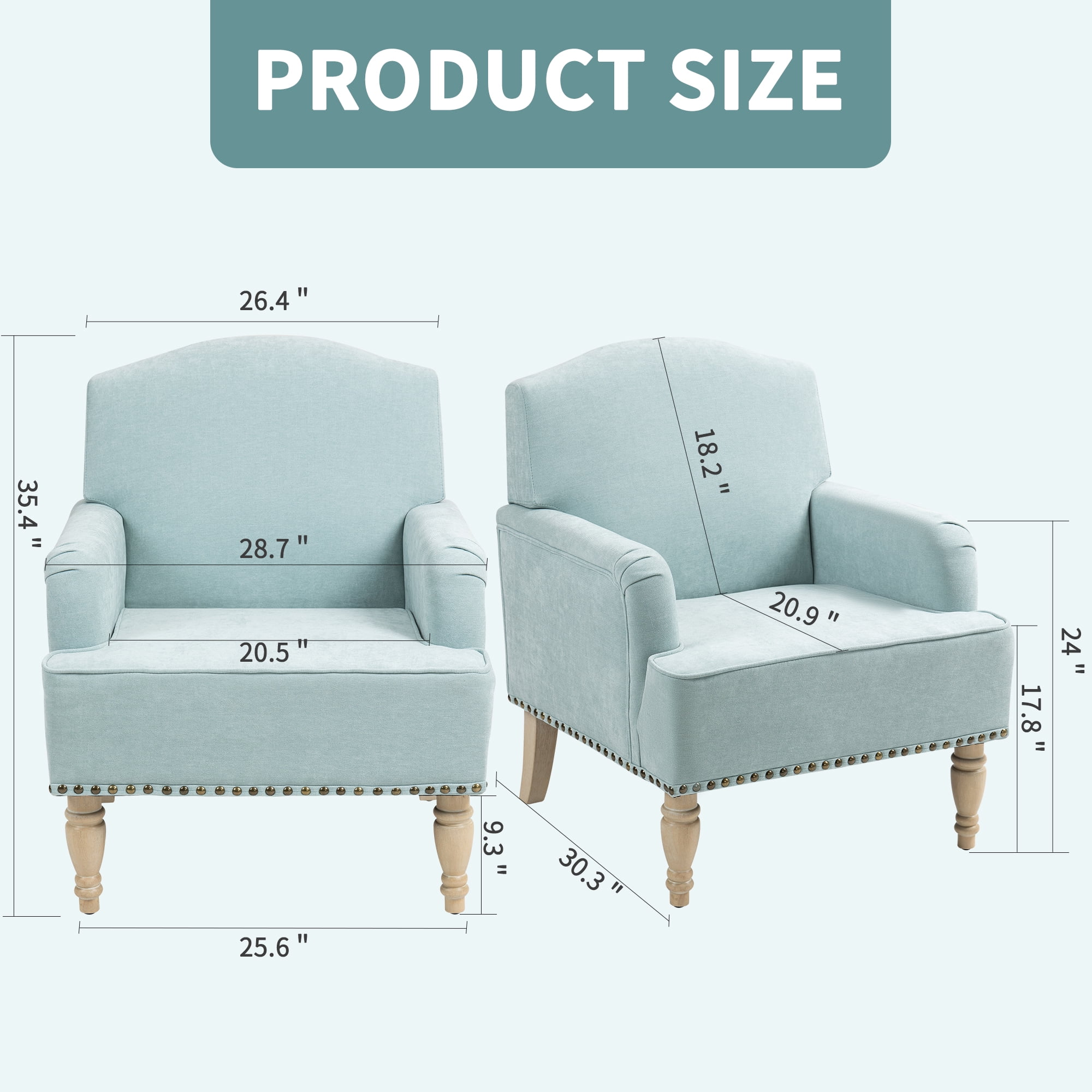 MOONMISS Modern Accent Chair Capacity Retro Wood Legs Nailhead Trim Comfy Upholstered Armchair for Living Room Bedroom,Light blue