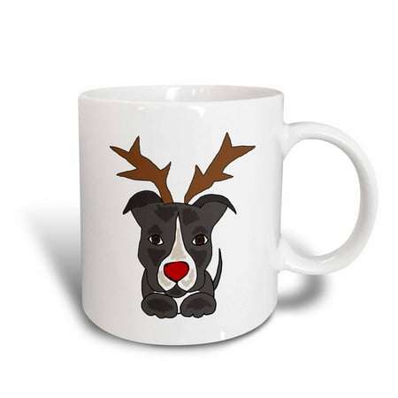 Red Pit Bull - 3dRose Funny Pitbull Dog Dressed as Rudolph Red Nosed Reindeer, Ceramic Mug, 15-ounce
